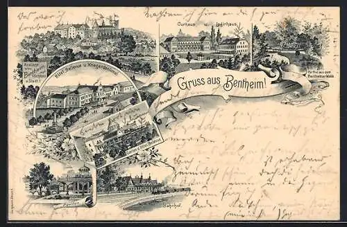 Lithographie Bentheim, Hotel Bellevue und Kriegerdenkmal, Curhaus und Logirhaus, Bahnhof, Schloss