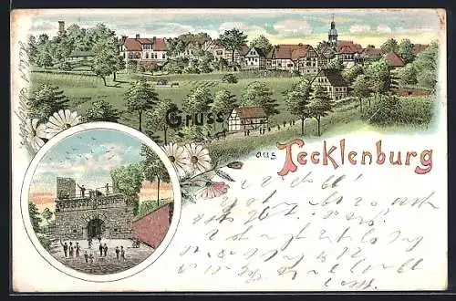 Lithographie Tecklenburg, Altes Tor, Ortsansicht