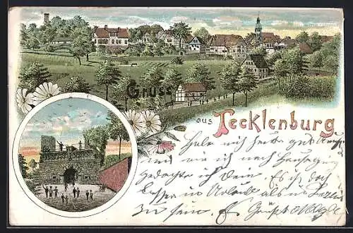 Lithographie Tecklenburg, Altes Steintor, Totalansicht