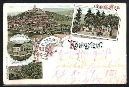 Lithographie Königstein / Taunus, Parkanlage und Garten, Lawn-Tennis-Platz, Ortsansicht mit der Burg