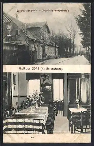 AK Borg / Menslage, Gasthaus Dreyer, Aussen- und Innenansicht