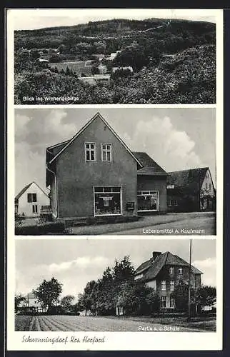 AK Schwenningdorf /Herford, Lebensmittel A. Kaufmann, Schule und Ortsansicht