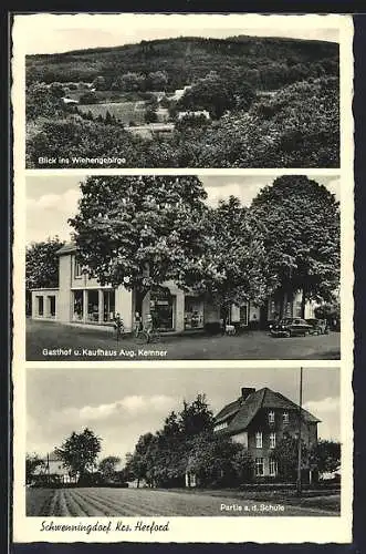 AK Schwenningdorf /Herford, Gasthof Aug. Kemner, Blick übers Wiehengebrige und Schule