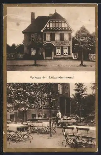 AK Lütgendortmund, Gasthaus Volksgarten, Aussenansicht und Sitze