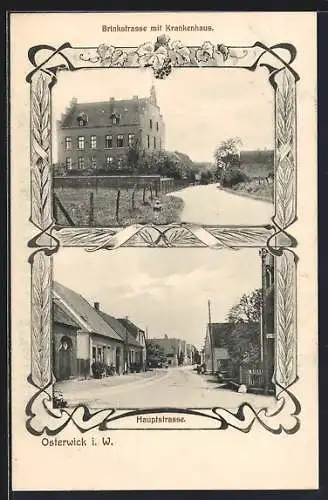 AK Osterwick i. W., Brinkstrasse mit Krankenhaus und Hauptstrasse