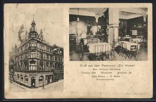 AK Bochum, Restaurant zur Krone, Bes. Wilhelm Günnewig, Brückstrasse 25