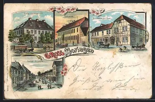 Lithographie Moringen, Gasthaus zur Post, Königl. Amtsgericht, Lange Strasse