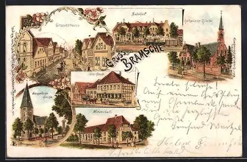 Lithographie Bramsche, Bahnhof, Hotel Remde, Wiederhall, Grossestrasse und Kirchen