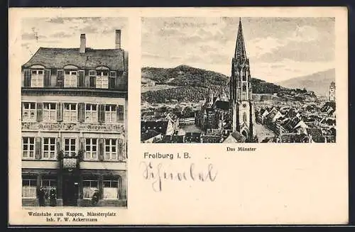 AK Freiburg i. Br., Gasthaus Weinstube zum Rappen am Münsterplatz, Bes. F. W. Ackermann, Das Münster