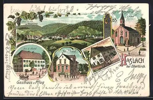 Lithographie Haslach / Schwarzwald, Gasthaus z. Pflug von A. Hund, Gasthaus von L. Hund, Post-Agentur und Kirche