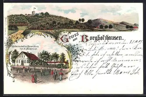 Lithographie Borgholzhausen, Gasthaus zur Ravensburg, Ortsansicht