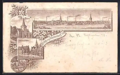 Lithographie Warendorf i. W., Marktplatz, Alte Pfarrkirche und Totalansicht