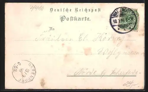 Lithographie Warendorf i. W., Marktplatz, Alte Pfarrkirche und Totalansicht