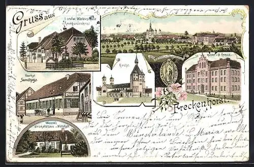 Lithographie Freckenhorst, Landw. Winterschule u. Kriegerdenkmal, Gasthof Sandhage, Werre`s Geschäftshaus u. Wirtschaft