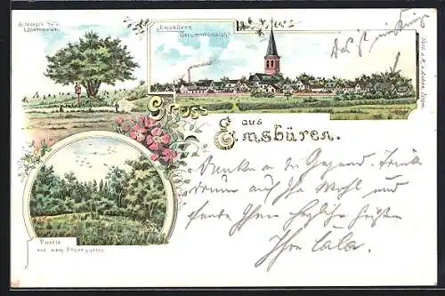 Lithographie Emsbüren, Bildstock beim Lindenbaum, Partie aus dem Pfarrgarten, Totalansicht