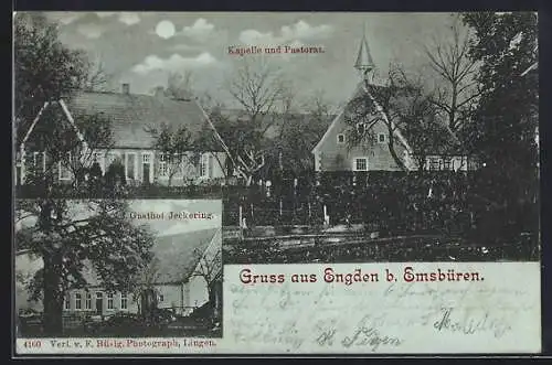 Mondschein-AK Engden b. Emsbüren, Gasthof Jeckering, Kapelle und Pastorat