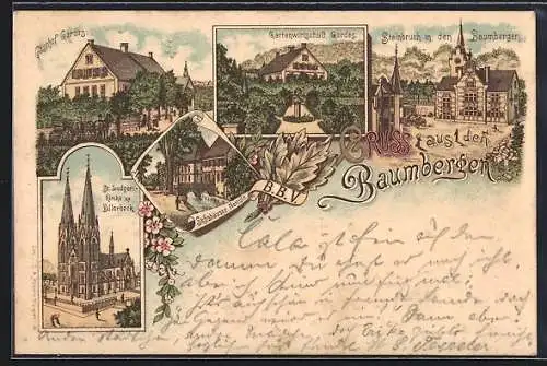 Lithographie Billerbeck / W., St. Ludgeri-Kirche, Gasthof Gardes, Steinbruch in den Baumbergen