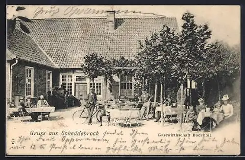 AK Scheddebrock, Gasthaus Bockholt mit Gästen