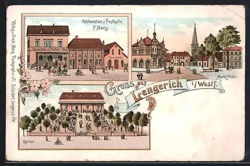 Lithographie Lengerich i. Westf., Restaurant zur Festhalle von F. Mang, Garten und Marktplatz