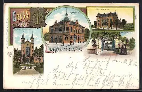 Lithographie Lengerich / W., Rathaus, Vereinshaus, Haus Vortlage, Portal der Irrenanstalt, Wappen