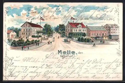 Lithographie Melle, Bahnhofs-Hôtel & Bahnhof