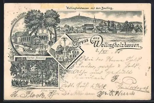 Lithographie Wellingholzhausen, Hotel Dütting, Gartenansicht, Kriegerdenkmal und Ortsansicht mit dem Beutling