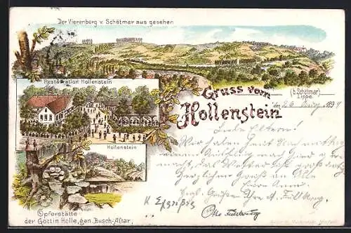 Lithographie Schötmar /Lippe, Restaurant Hollenstein, Blick auf den Vierenberg