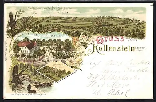 Lithographie Schötmar /Lippe, Restaurant Hollenstein, Opferstätte der Göttin Holle, Blick auf den Vierenberg