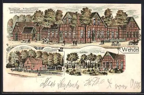 Lithographie Wehdel / Badbergen, Restaurant H. Reinermann v. G. Mestemacher mit Bäckerei, Kegelbahn, Garten und Saal