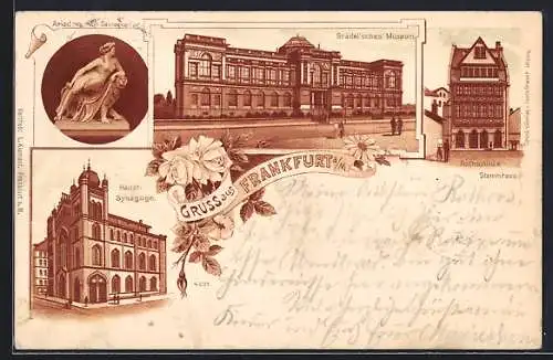 Lithographie Frankfurt-Ostend, Hauptsynagoge, Rothschild`s Stammhaus, Städel`sches Museum, Ariadne