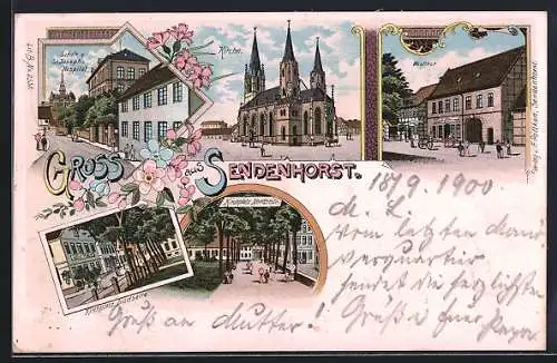 Lithographie Sendenhorst, Schule und St. Josephs-Hospital, Kirche, Westthor, Kirchplatz