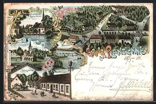 Lithographie Plantlünne i. H., Schmeing`sche Mühlenwerke, Wasserfall der Aa, Kreuzstrasse mit Kaiserl. Postagentur