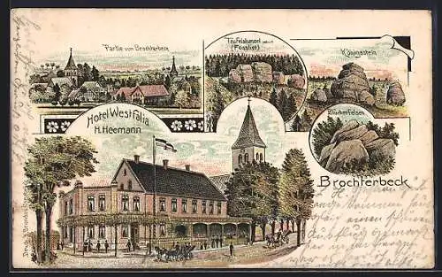 Lithographie Brochterbeck, Hotel Westfalia v. H. Heemann, Teufelskanzel, Königsstein, Blücherfelsen