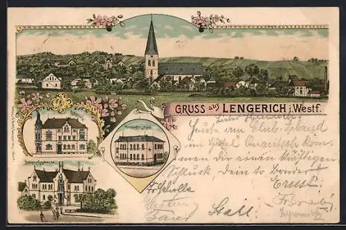 Lithographie Lengerich i. Westf., Rathhaus, Elementarschule, Bahnhofsgebäude