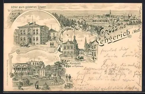 Lithographie Lengerich i. Westf., Hotel zum goldenen Löwen v. W. Quaritsch, Marktplatz mit Rathaus, Fontaine i. Park