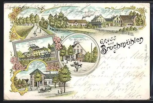 Lithographie Bruchmühlen / Herford, Restaurant und Post Karl Barmeier, Bahnhofsrestaurant Karl Barmeier, Bahnhof