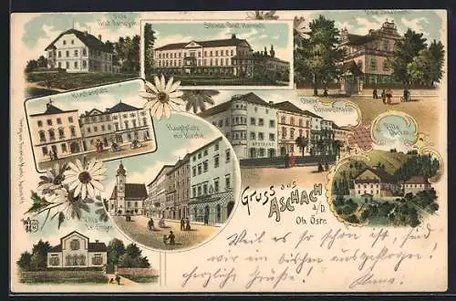 Lithographie Aschach a. D., Obere Donaustrasse, Kirchenplatz und Villa Graf Zamoyski