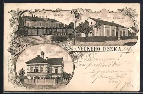 Lithographie Velky Osek, Nadrazi, Obecna skola, C.k. posta