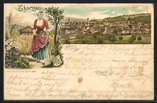 Lithographie Frauenfeld, Ortsansicht und Dame in Sommerkleid