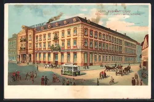 Lithographie Graz, Hotel zum Elefanten, Bes. F. Jautz u. W. Nowak, Strassenbahn, Pferdekutsche