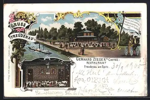 Lithographie Wien-Freudenau, Gerhard Zieger`s Cafe-Restaurant Freudenau am Spitz