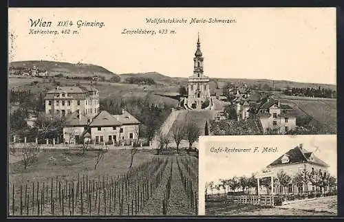 AK Wien, Grinzing, Café-Restaurant F. Mälzl, Wallfahrtskirche Maria-Schmerzen, Leopoldsberg, Kahlenberg