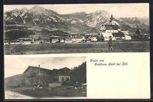 AK Söll, Gasthaus Wald, Ortsansicht gegen die Berge