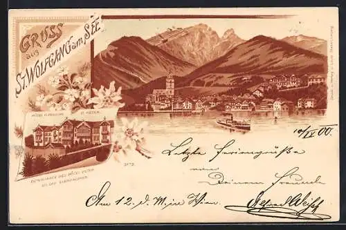 Lithographie St. Wolfgang am See, Hotel und Pension P. Peter, Dampfer auf dem See