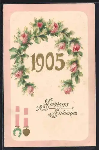 Präge-AK Jahreszahl 1905 im Blumenkranz