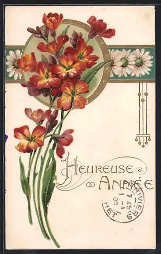 Präge-AK Heureuse Année, Blumen mit goldenem Rahmen