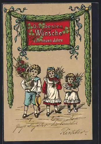 AK Neujahrsgruss, Kinder mit Blumensträussen und Kleeblättern