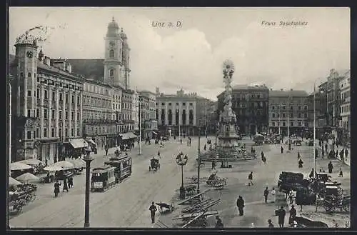 AK Linz a. D., Franz Josef-Platz mit Strassenbahn aus der Vogelschau