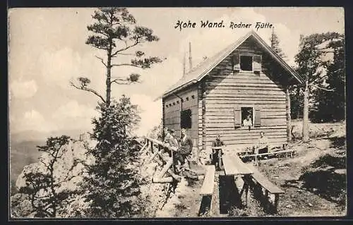 AK Rodner Hütte /Hohe Wand, Ansicht mit Gästen