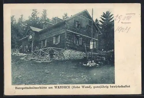 AK Herrgottschnitzerhaus am Wandeck, Berghütte mit Gästegruppe